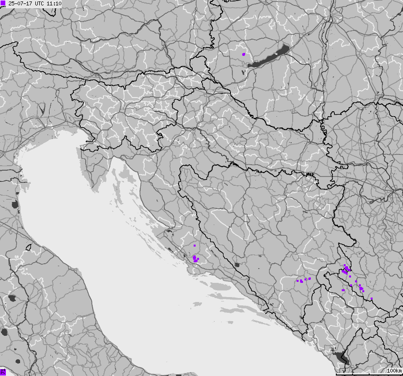 Mapa wyładowań atmosferycznych na obszarze Bośni i Hercegowiny, Chorwacji, Słowenii