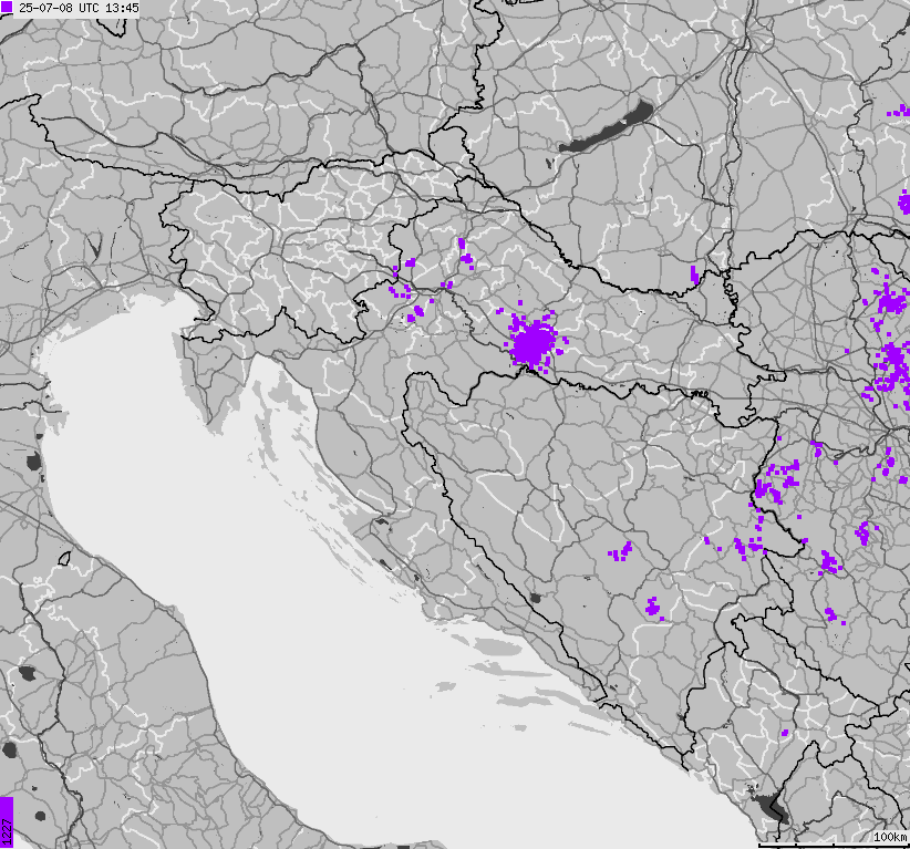 Mapa wyładowań atmosferycznych na obszarze Bośni i Hercegowiny, Chorwacji, Słowenii