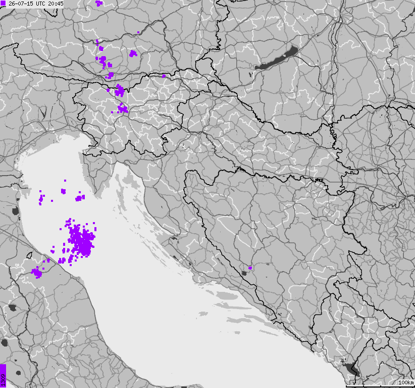 Map of lightnings across Bosnia and Herzegovina, Croatia, Slovenia