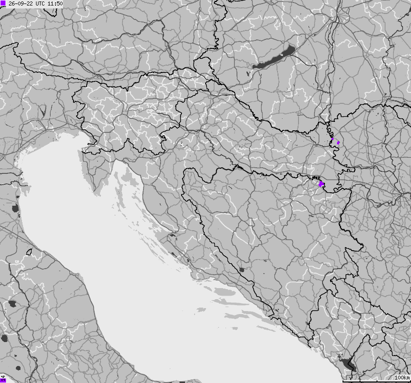 Mapa wyładowań atmosferycznych na obszarze Bośni i Hercegowiny, Chorwacji, Słowenii