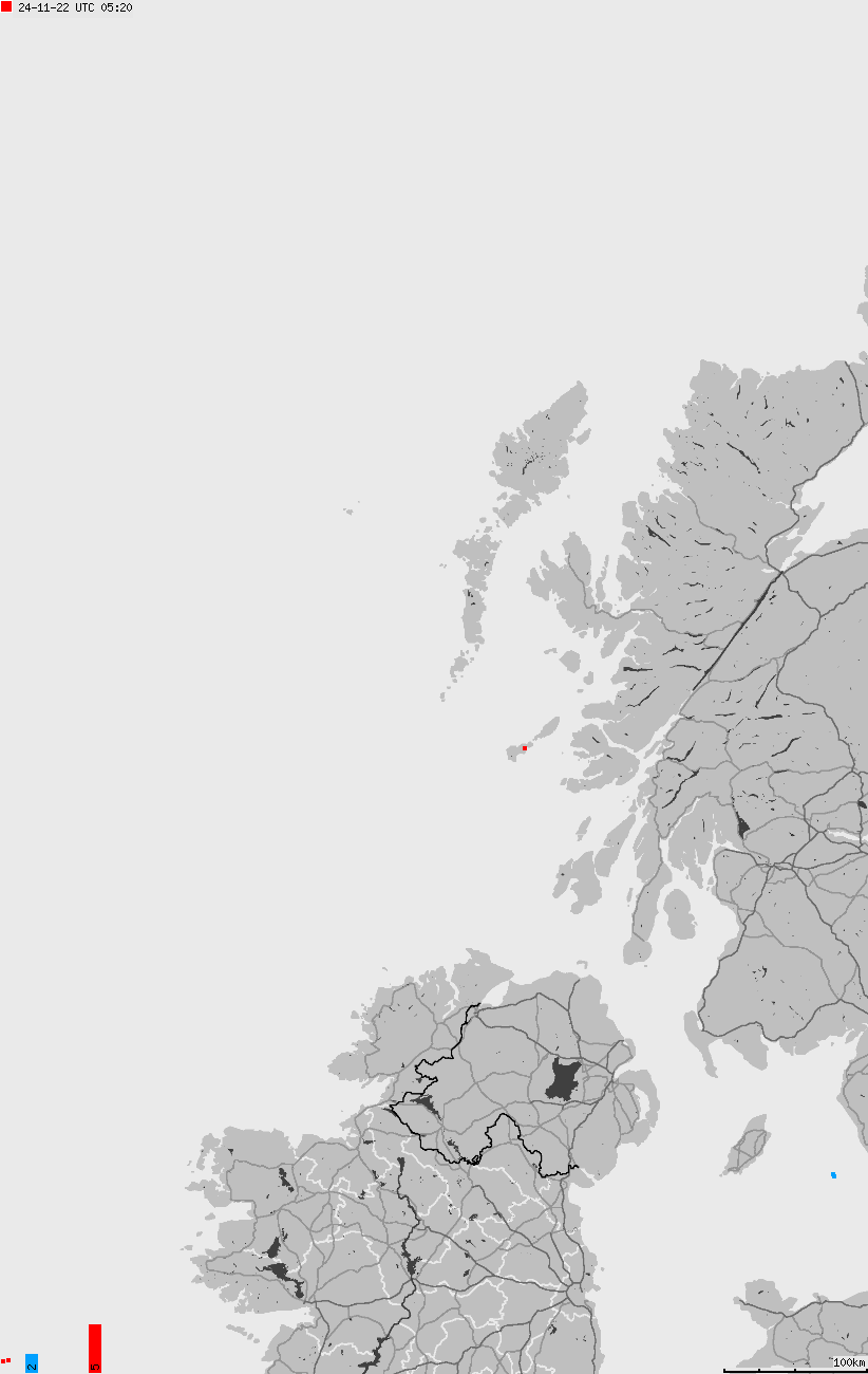 Mapa wyładowań atmosferycznych na obszarze Wysp Brytyjskich