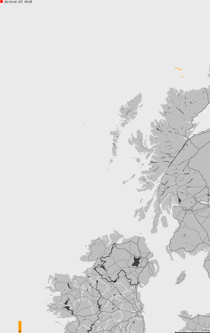 Mapa wyładowań atmosferycznych na obszarze Wysp Brytyjskich