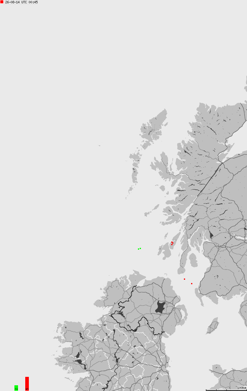 Mapa wyładowań atmosferycznych na obszarze Wysp Brytyjskich