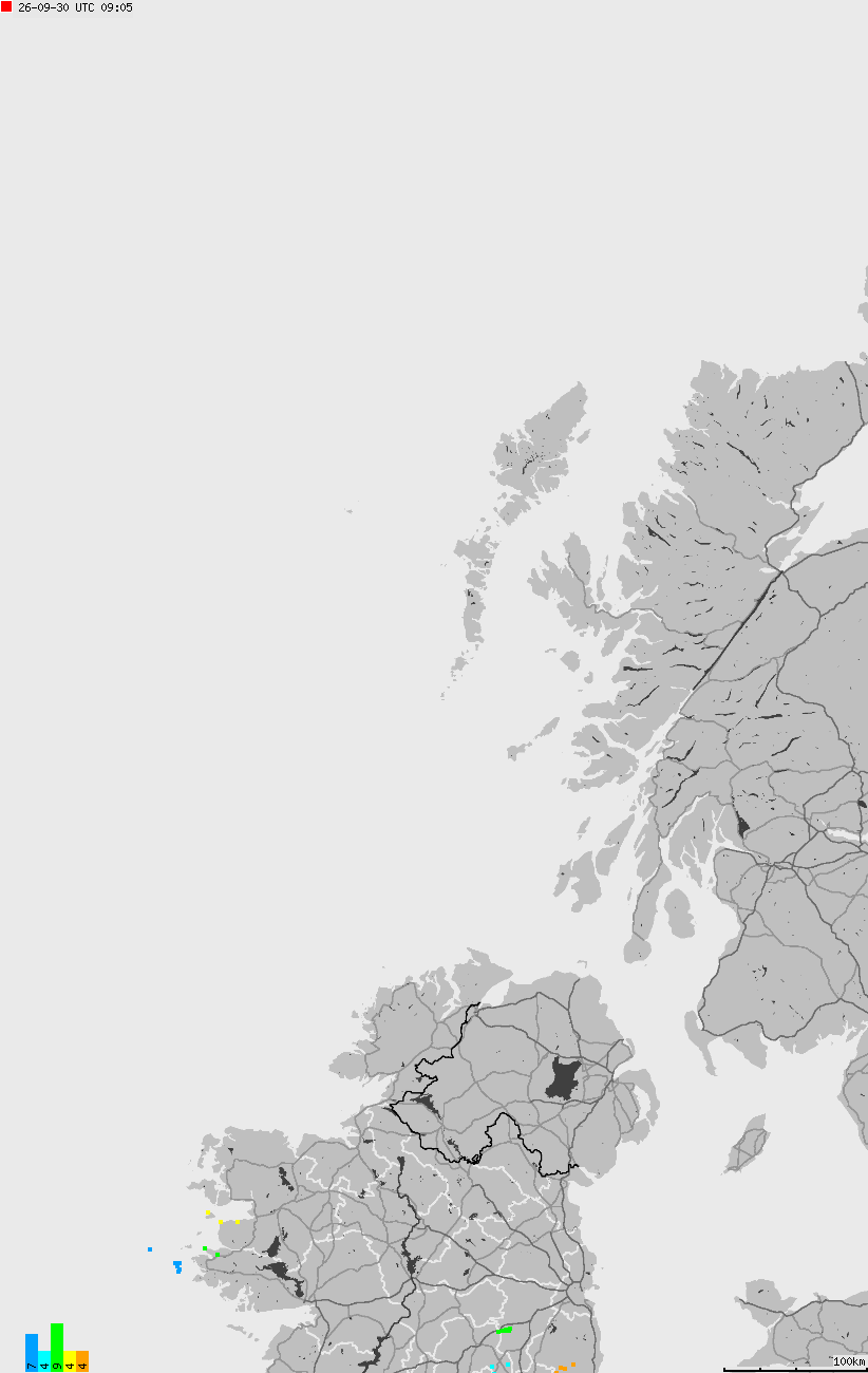 Mapa wyładowań atmosferycznych na obszarze Wysp Brytyjskich