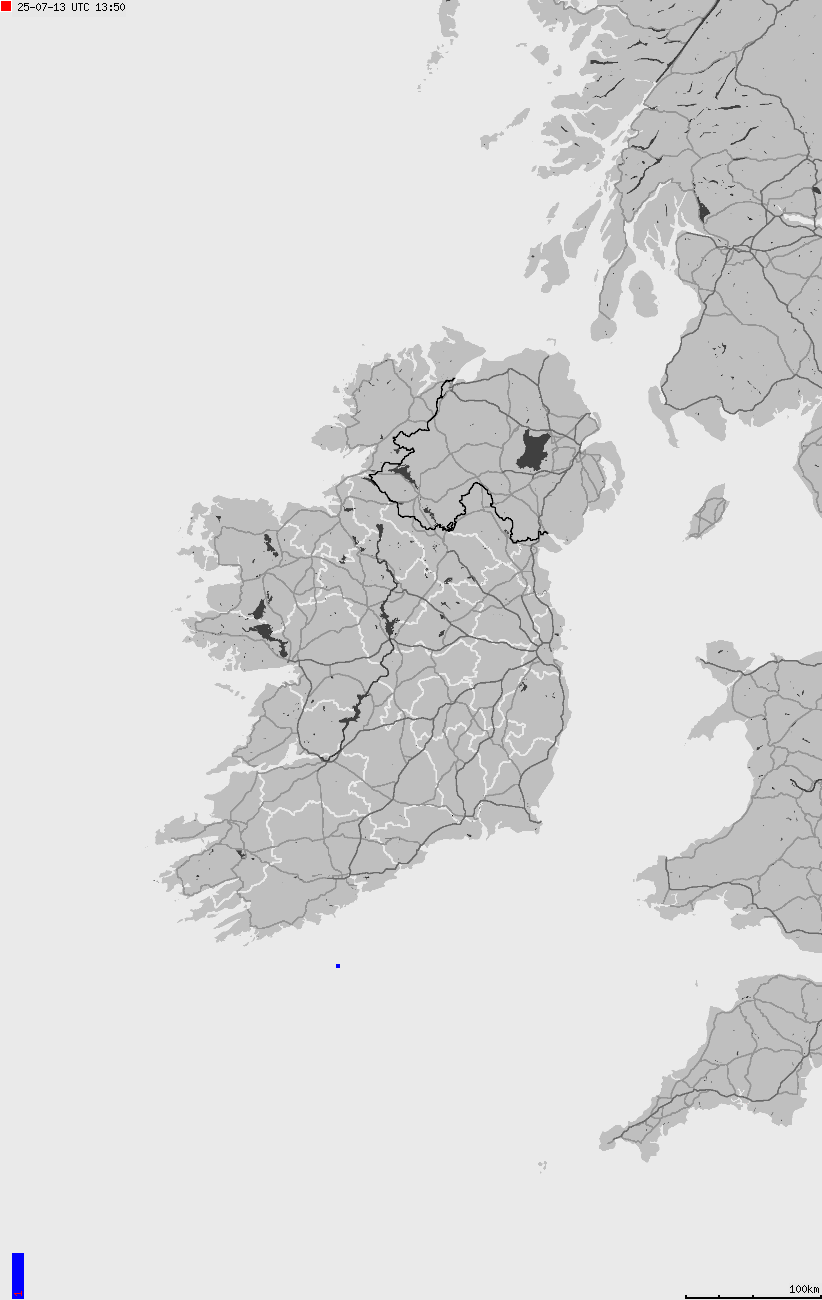 Mapa wyładowań atmosferycznych na obszarze Wysp Brytyjskich