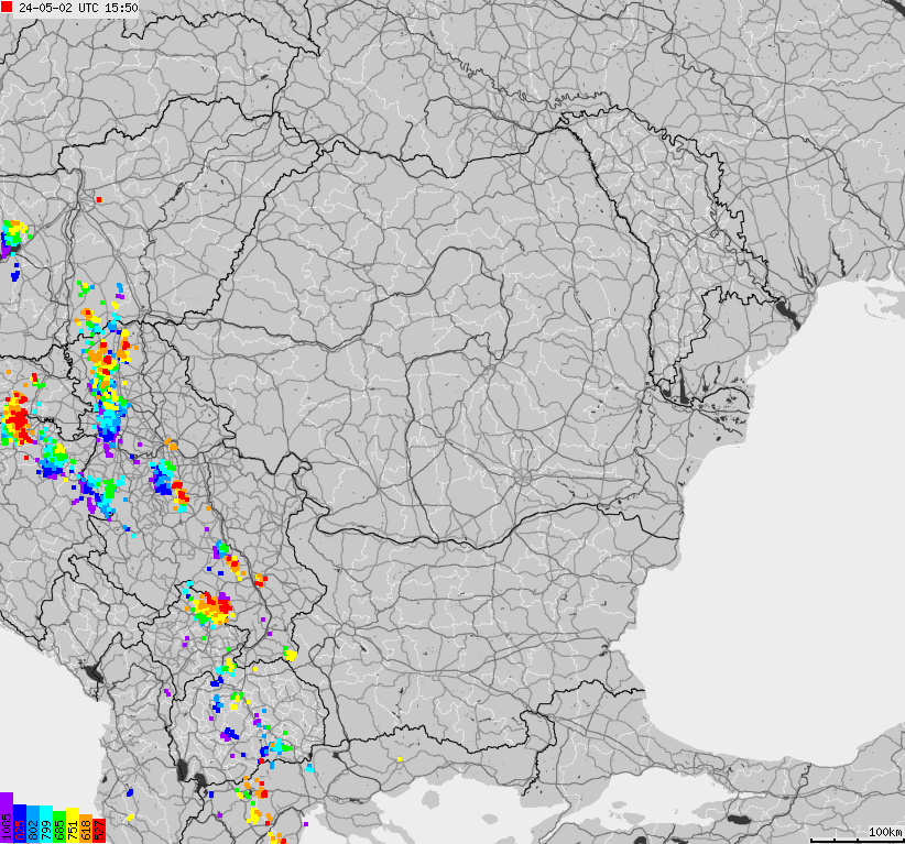 Mapa wyładowań atmosferycznych Bułgarii, Mołdawii, Rumunii