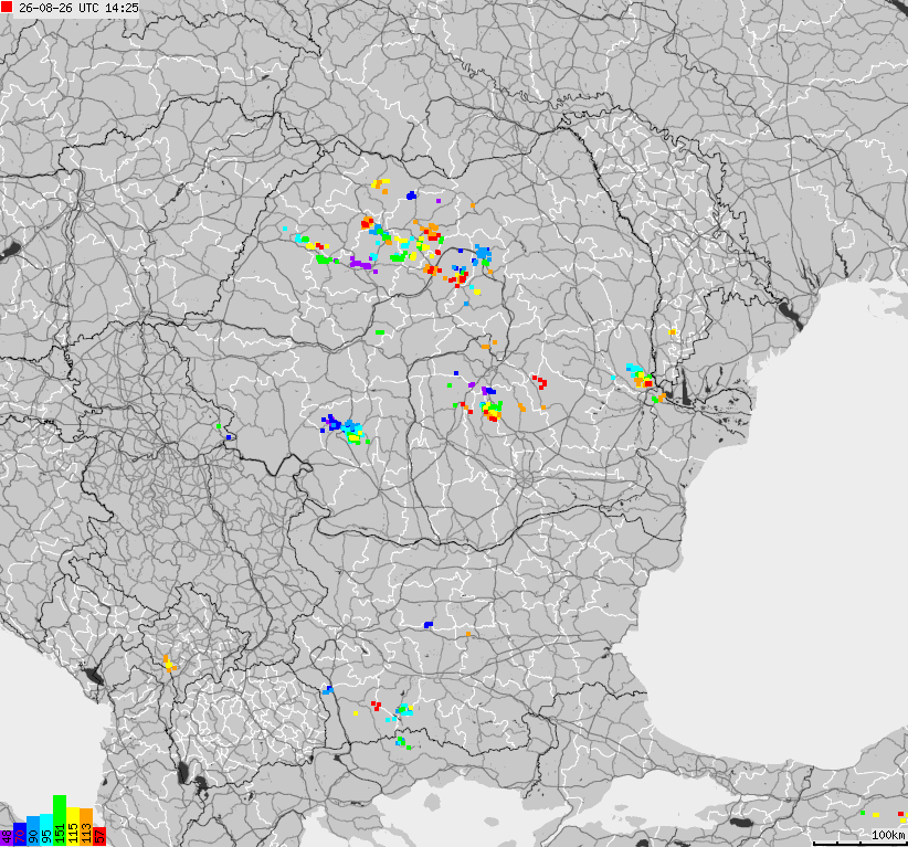 Mapa wyładowań atmosferycznych Bułgarii, Mołdawii, Rumunii