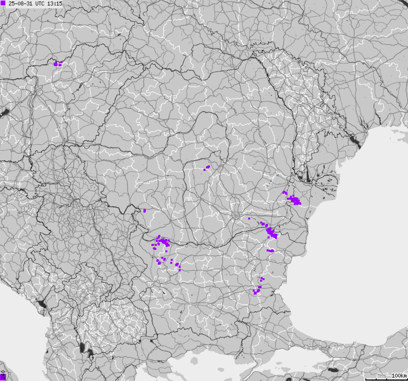Mapa wyładowań atmosferycznych Bułgarii, Mołdawii, Rumunii