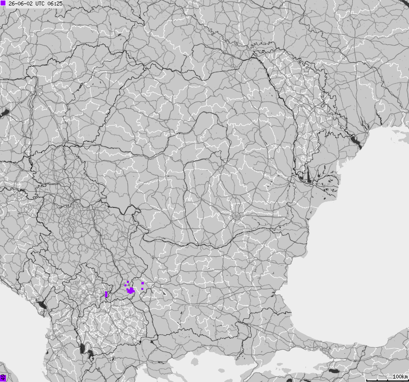 Mapa wyładowań atmosferycznych Bułgarii, Mołdawii, Rumunii