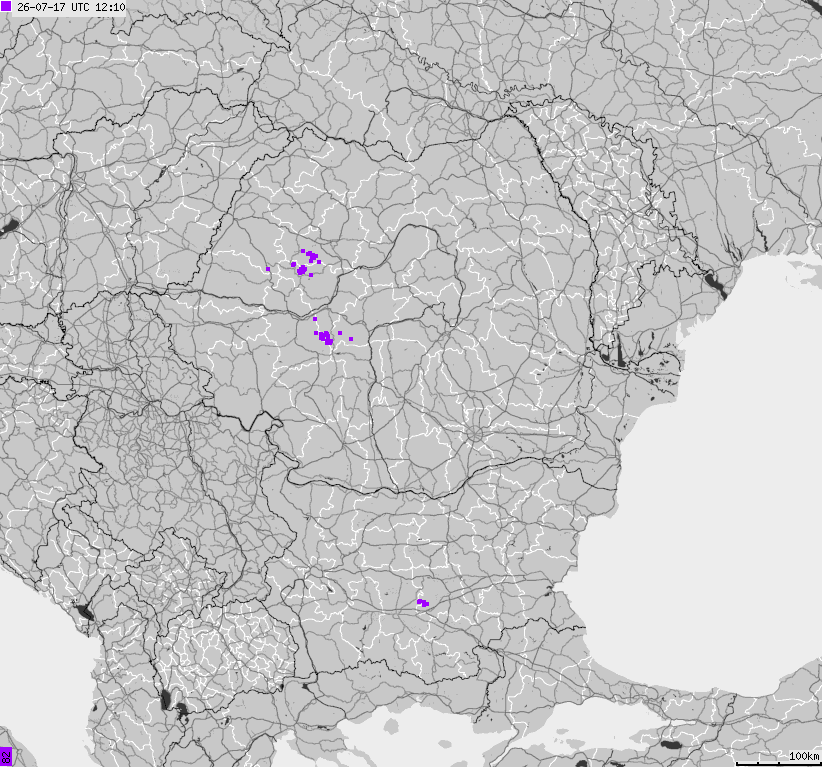 Mapa wyładowań atmosferycznych Bułgarii, Mołdawii, Rumunii