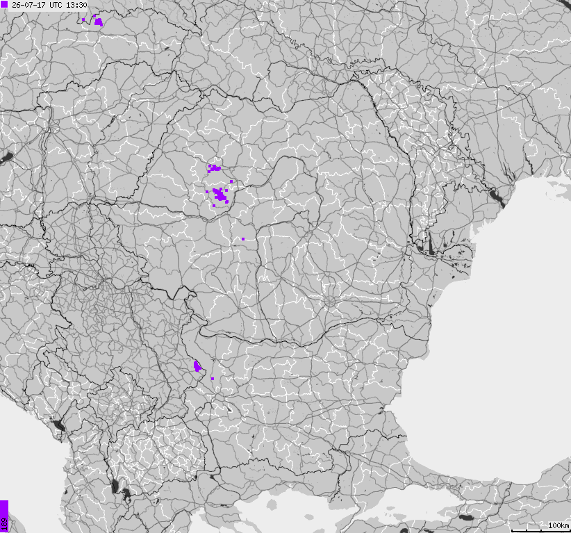 Mapa wyładowań atmosferycznych Bułgarii, Mołdawii, Rumunii