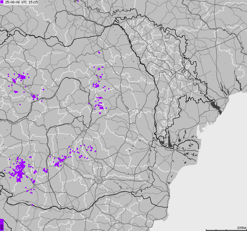 Mapa wyładowań atmosferycznych Bułgarii, Mołdawii, Rumunii