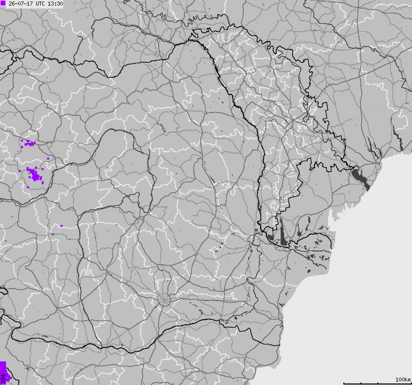Mapa wyładowań atmosferycznych Bułgarii, Mołdawii, Rumunii