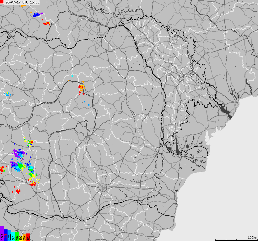 Mapa wyładowań atmosferycznych Bułgarii, Mołdawii, Rumunii