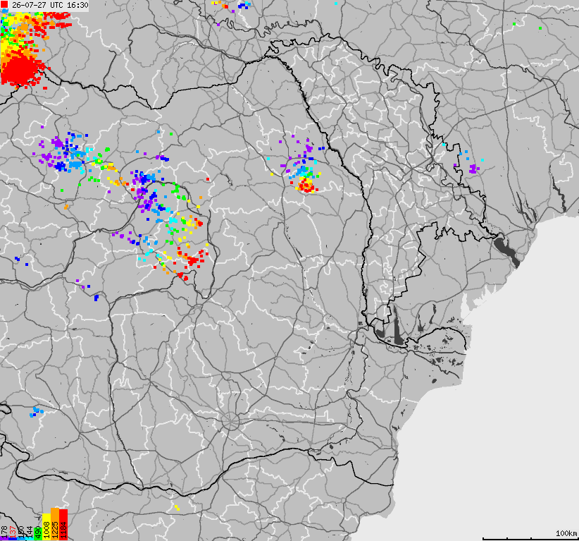 Map of lightnings Bulgaria, Moldavia, Romania