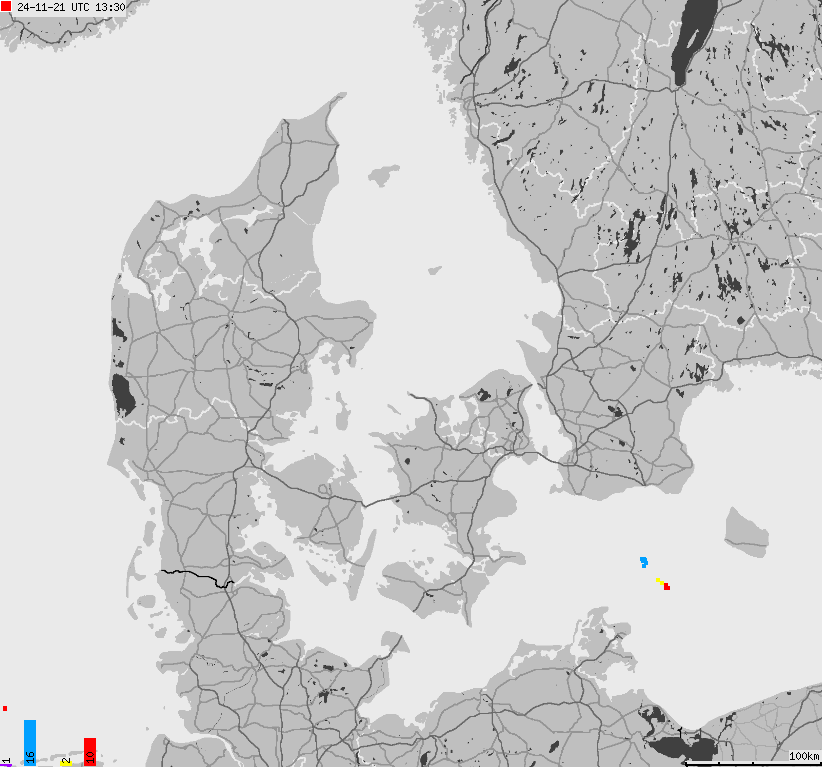 Map of lightnings across Denmark