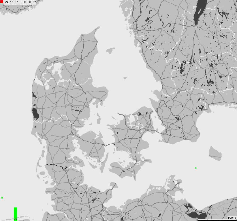 Mapa wyładowań atmosferycznych na obszarze Danii