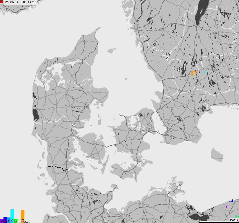 Map of lightnings across Denmark