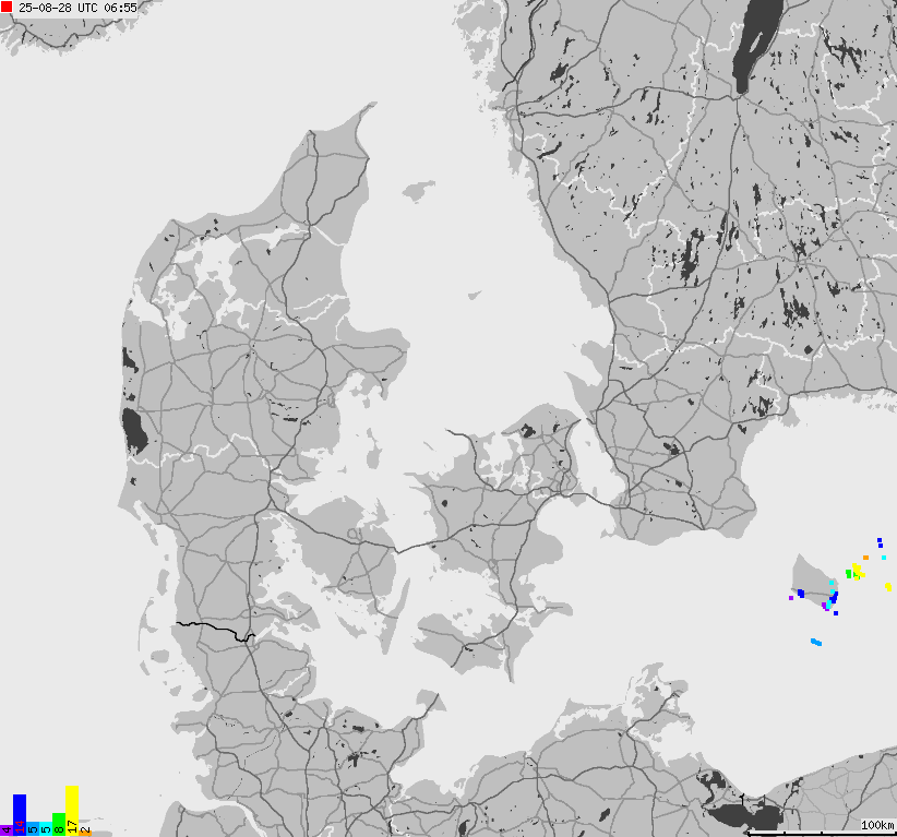 Mapa wyładowań atmosferycznych na obszarze Danii