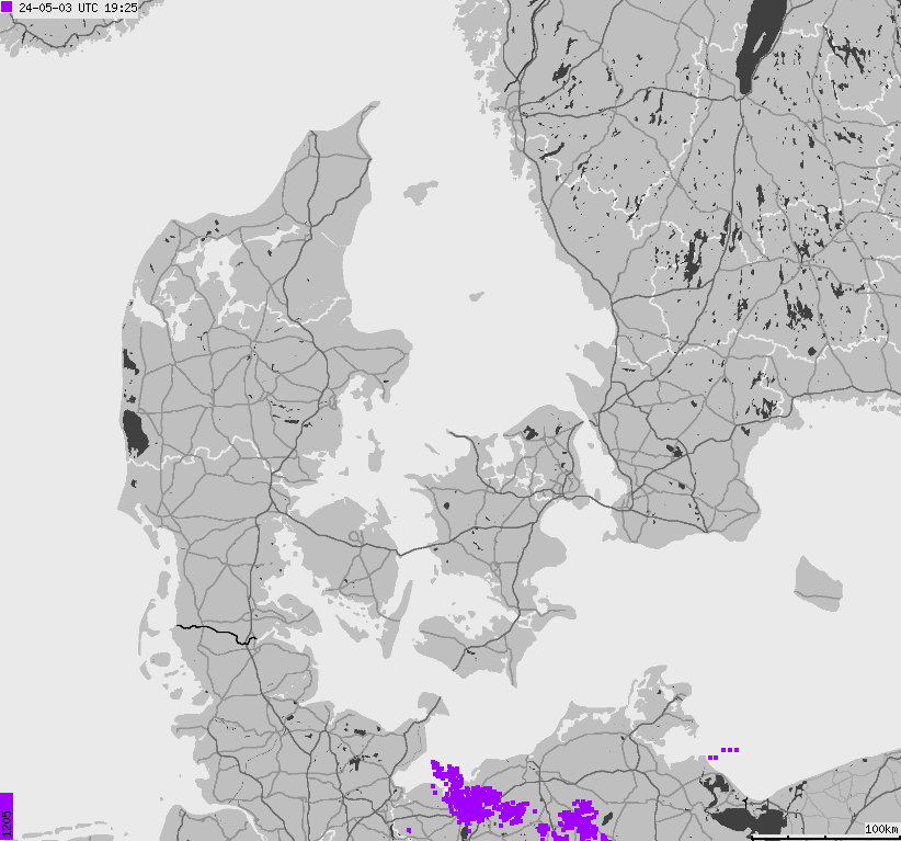 Map of lightnings across Denmark