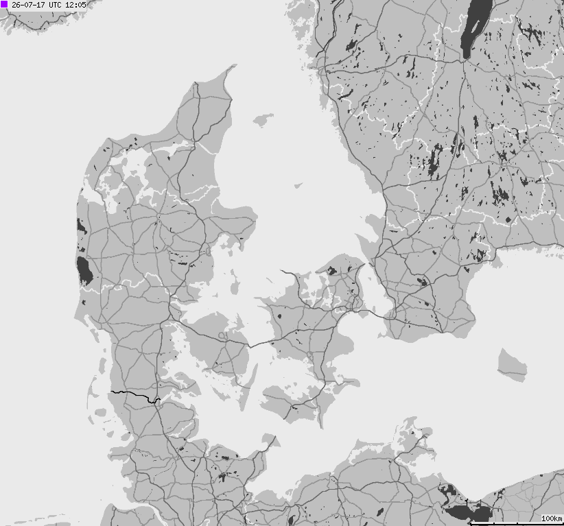 Mapa wyładowań atmosferycznych na obszarze Danii