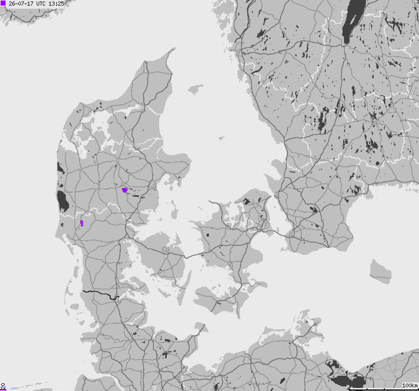Mapa wyładowań atmosferycznych na obszarze Danii