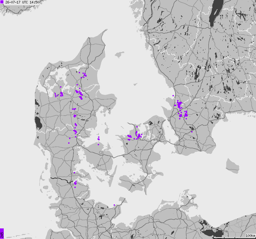 Map of lightnings across Denmark