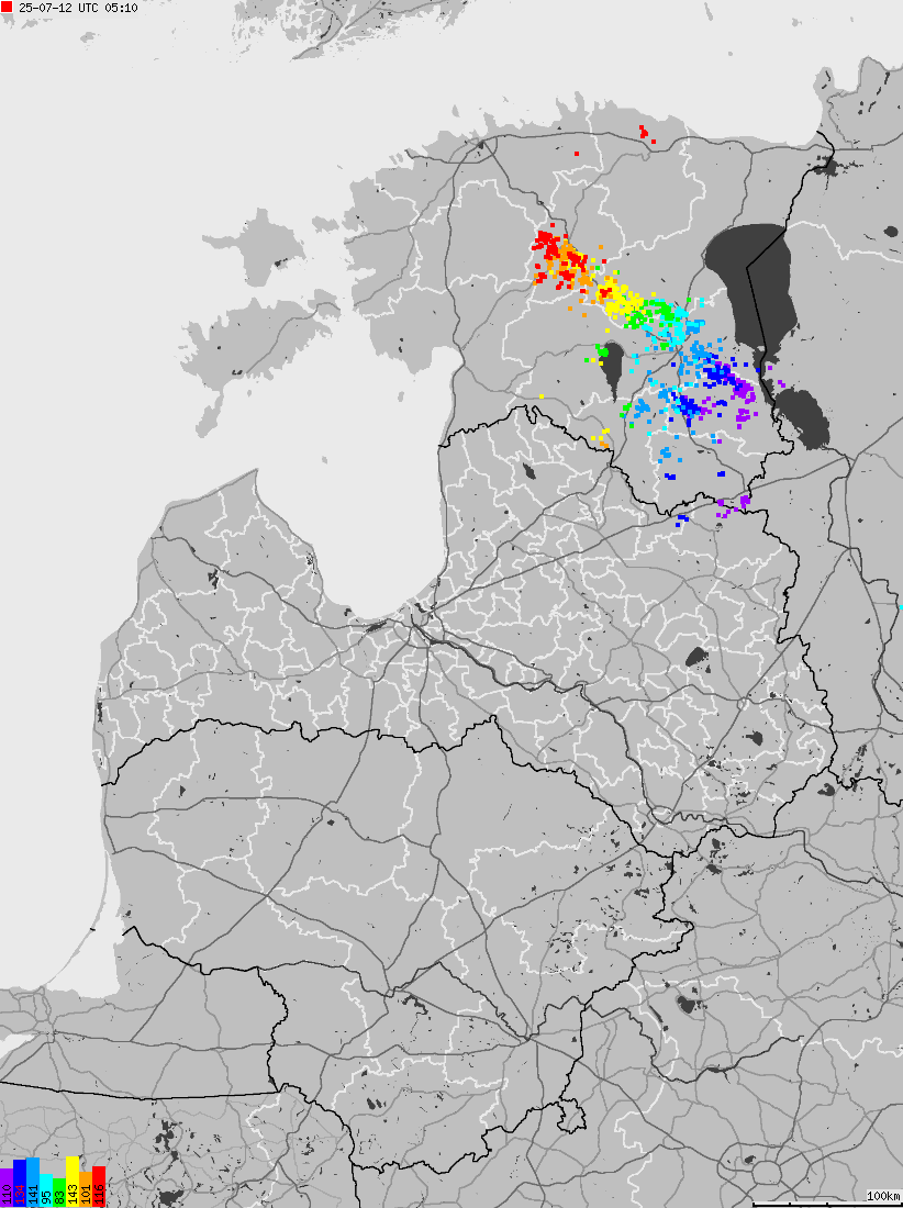 Mapa wyładowań atmosferycznych na obszarze Estonii, Litywy, Łotwy