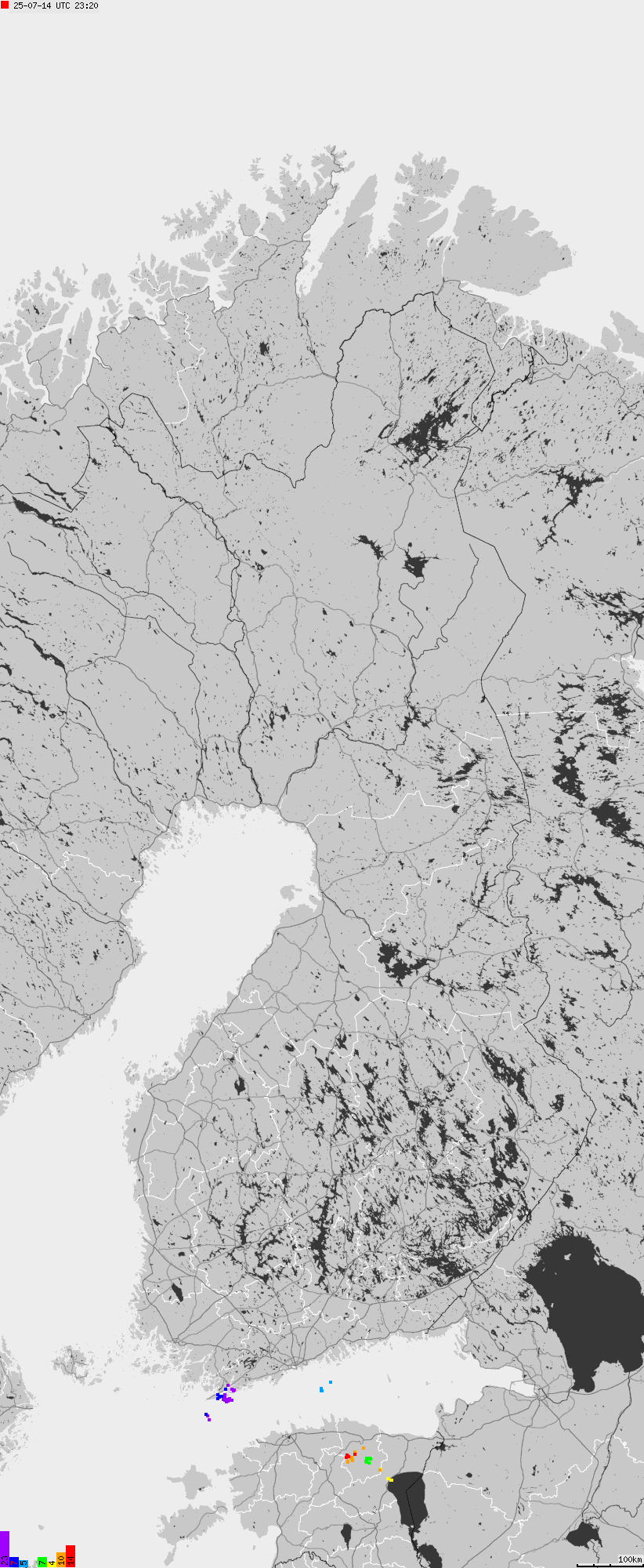 Mapa wyładowań atmosferycznych na obszarze Finlandii