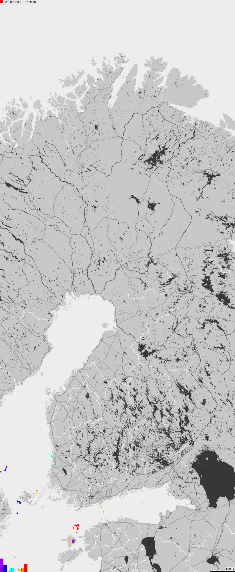 Mapa wyładowań atmosferycznych na obszarze Finlandii