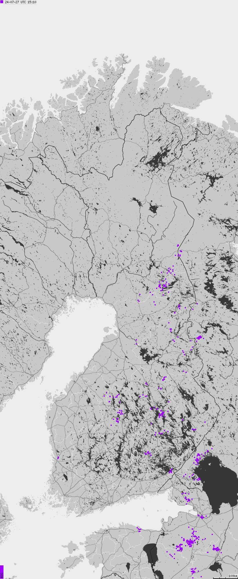 Map of lightnings across Finland