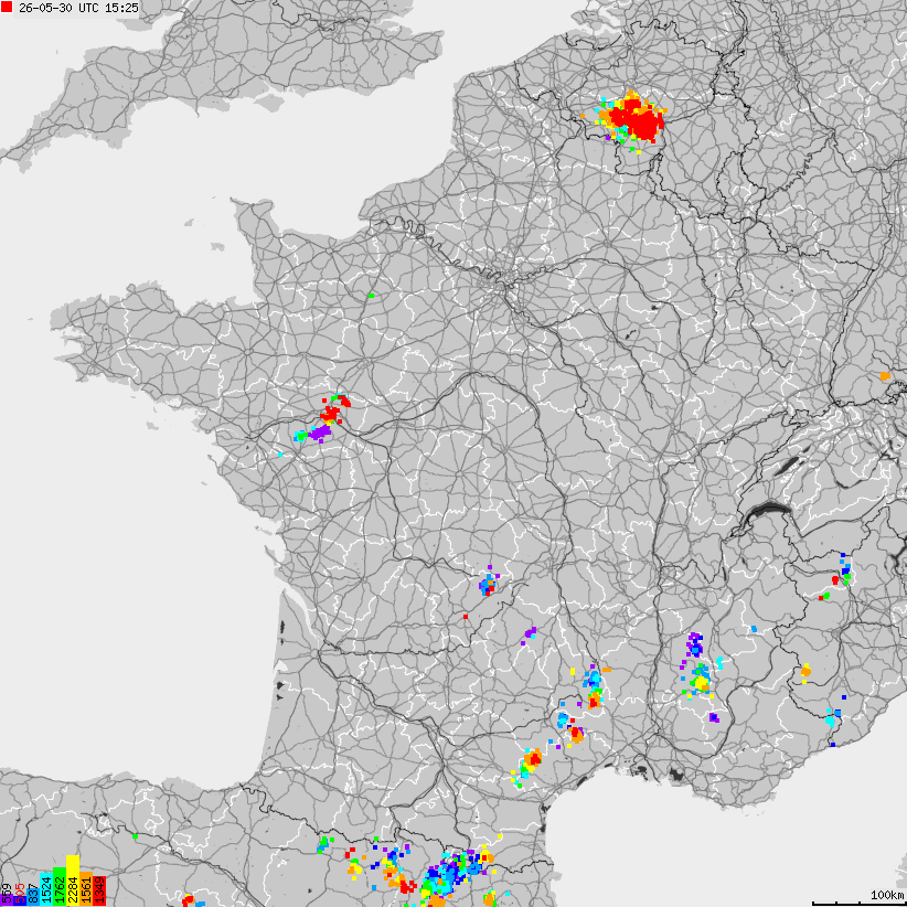Mapa wyładowań atmosferycznych Francji