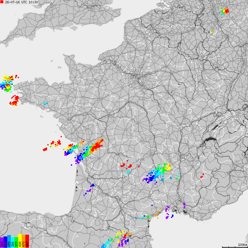 Mapa wyładowań atmosferycznych Francji