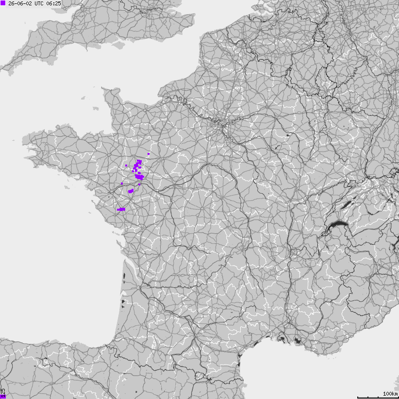 Mapa wyładowań atmosferycznych Francji