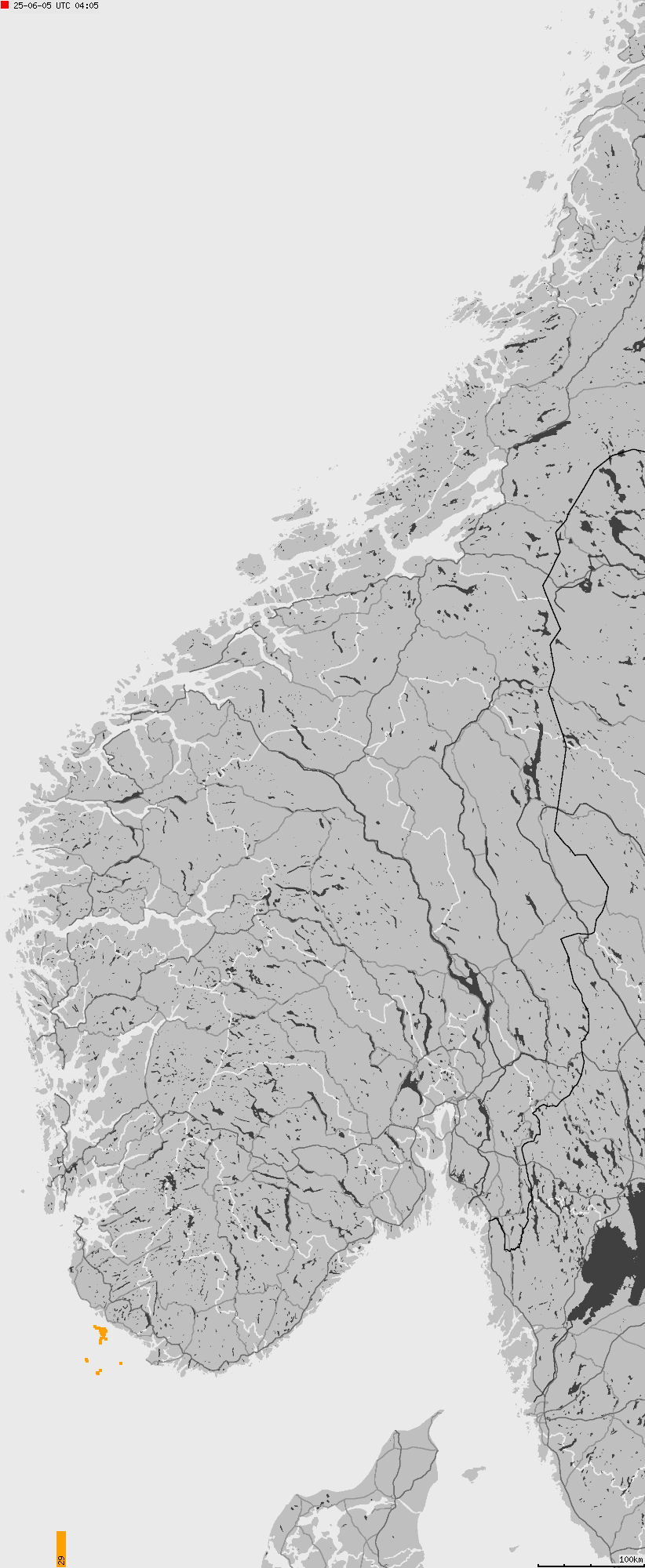 Mapa wyładowań atmosferycznych na obszarze Norwegii