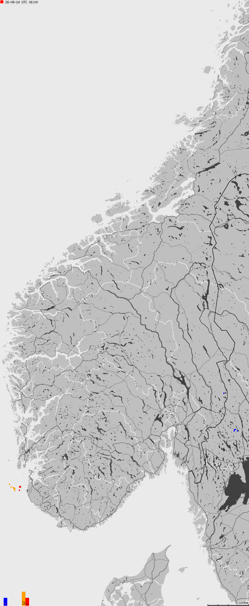 Mapa wyładowań atmosferycznych na obszarze Norwegii