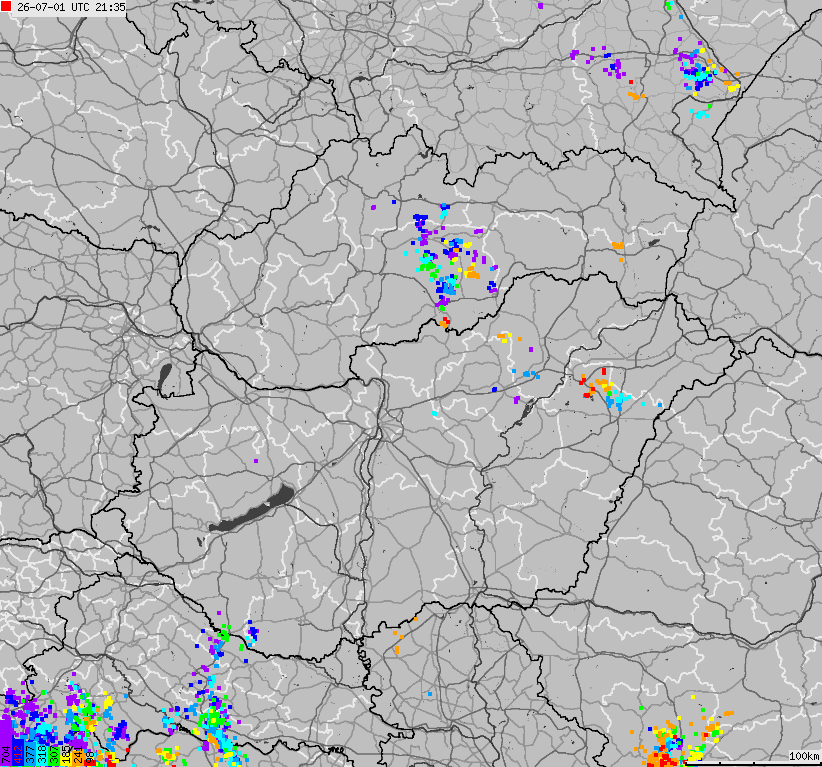 Map of lightnings across Slovakia, Hungary
