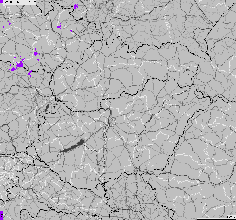 Map of lightnings across Slovakia, Hungary