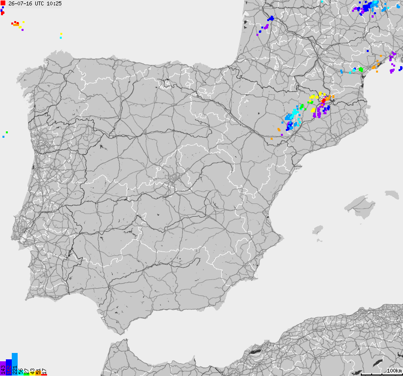 Mapa wyładowań atmosferycznych Hiszpanii, Portugalii