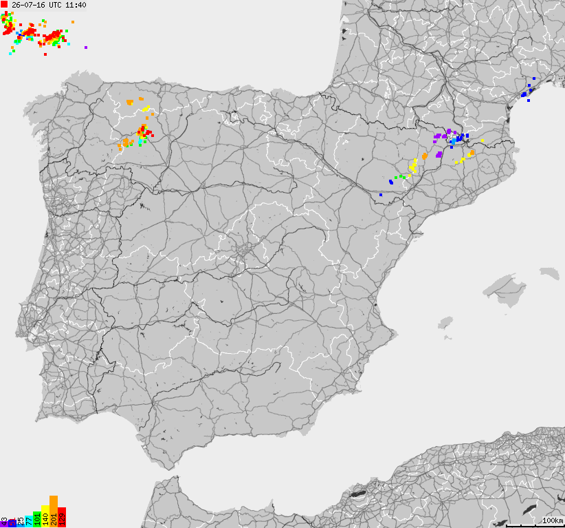 Mapa wyładowań atmosferycznych Hiszpanii, Portugalii