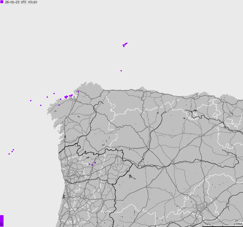 Mapa wyładowań atmosferycznych Hiszpanii, Portugalii