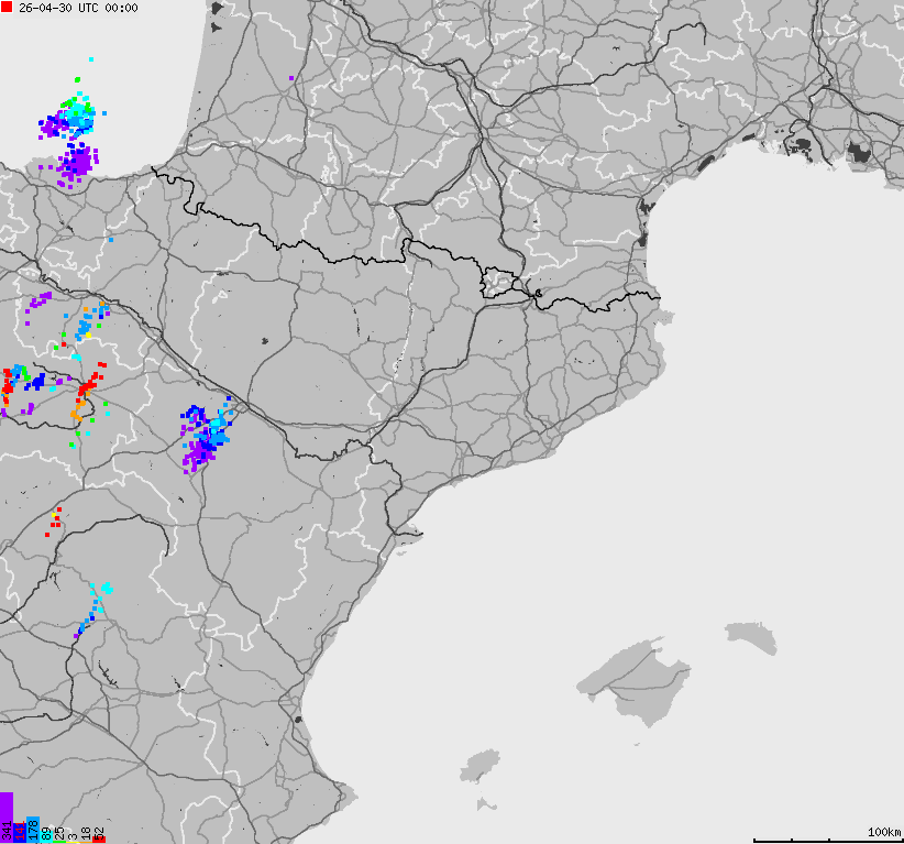 Mapa wyładowań atmosferycznych Hiszpanii, Portugalii