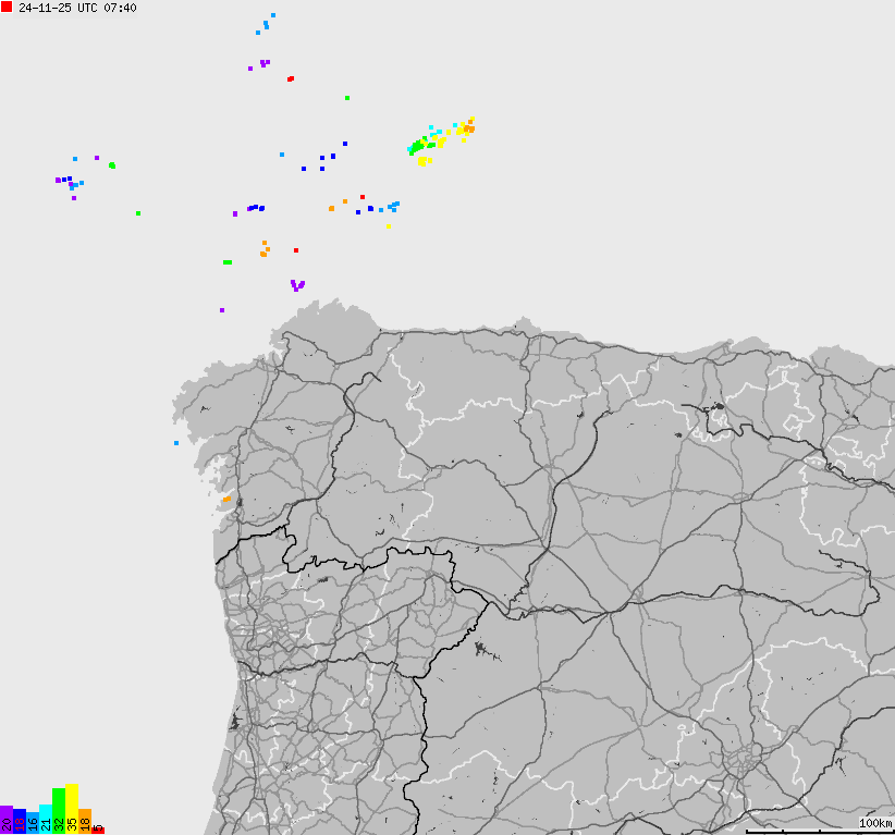 Mapa wyładowań atmosferycznych Hiszpanii, Portugalii