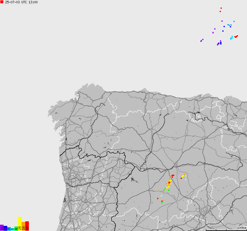 Mapa wyładowań atmosferycznych Hiszpanii, Portugalii