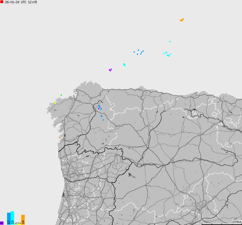 Mapa wyładowań atmosferycznych Hiszpanii, Portugalii