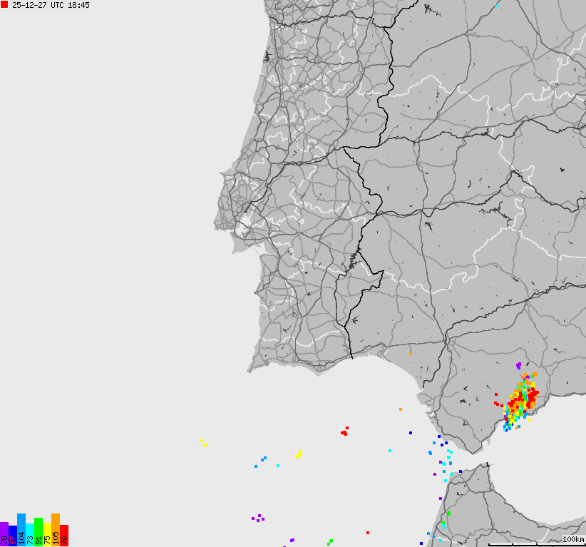 Mapa wyładowań atmosferycznych Hiszpanii, Portugalii