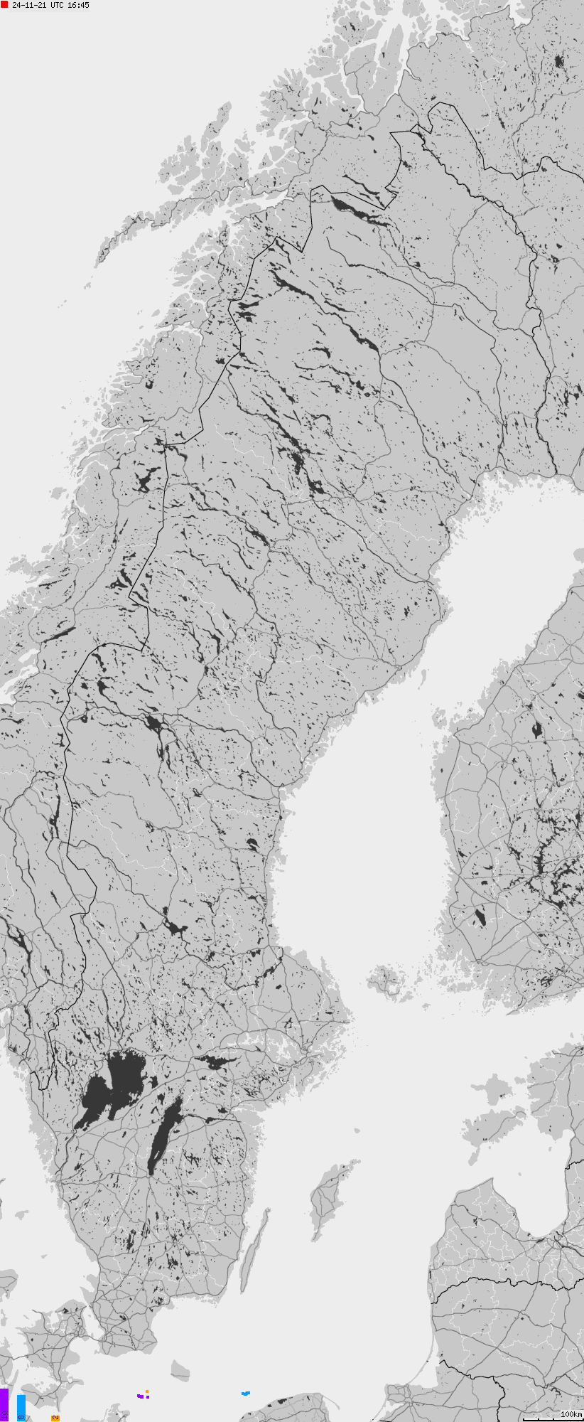 Mapa wyładowań atmosferycznych na obszarze Szwecji