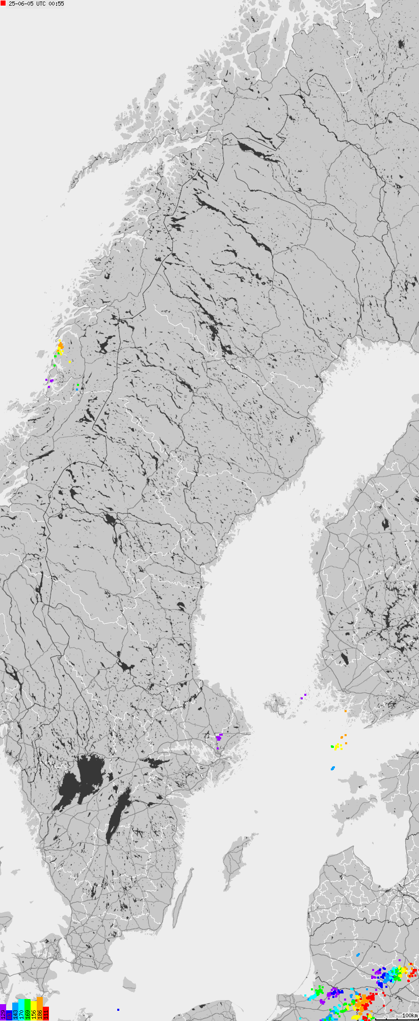 Mapa wyładowań atmosferycznych na obszarze Szwecji