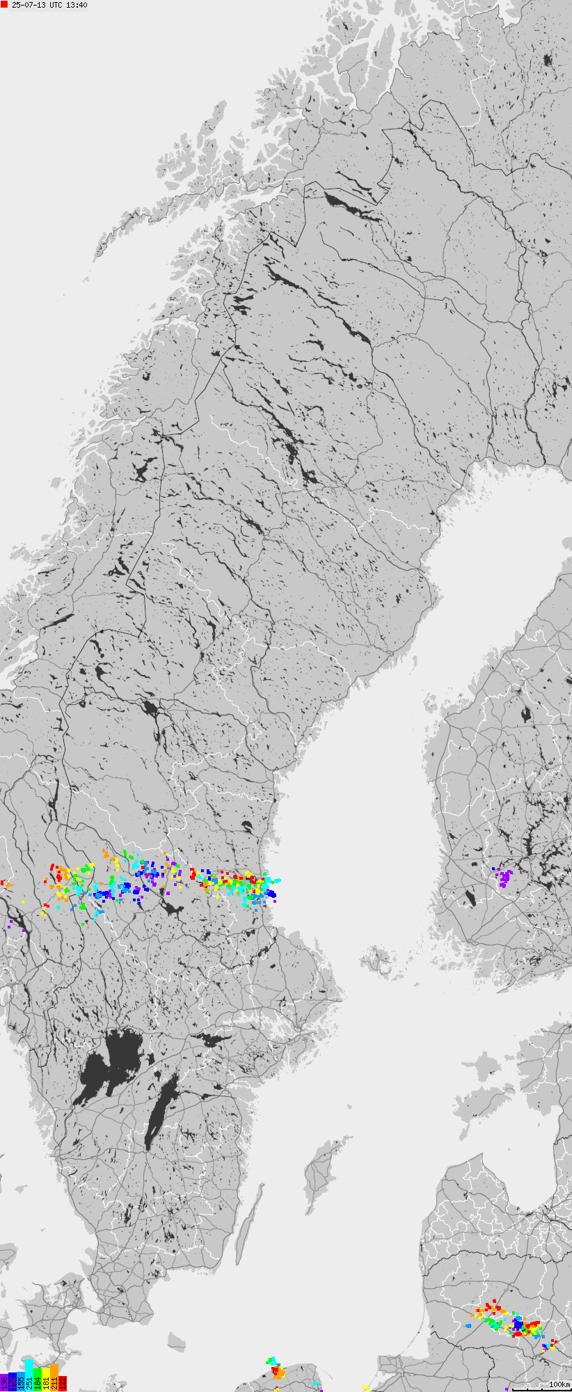 Mapa wyładowań atmosferycznych na obszarze Szwecji