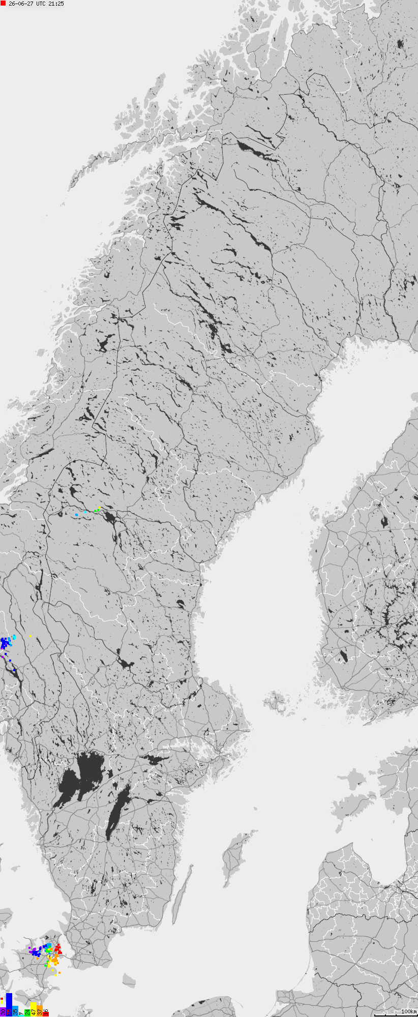 Mapa wyładowań atmosferycznych na obszarze Szwecji